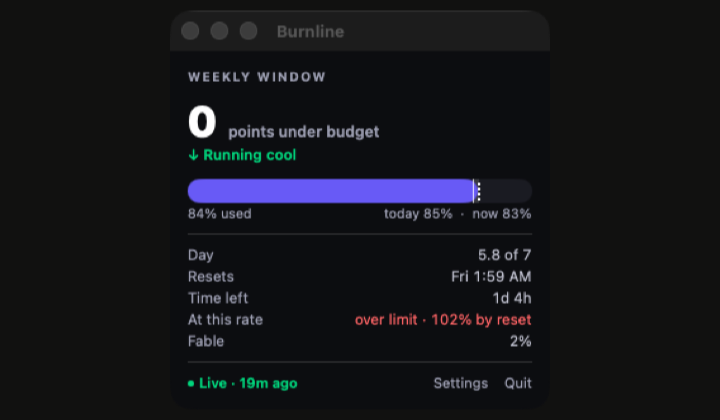 Burnline popover showing weekly Claude usage against the pace target