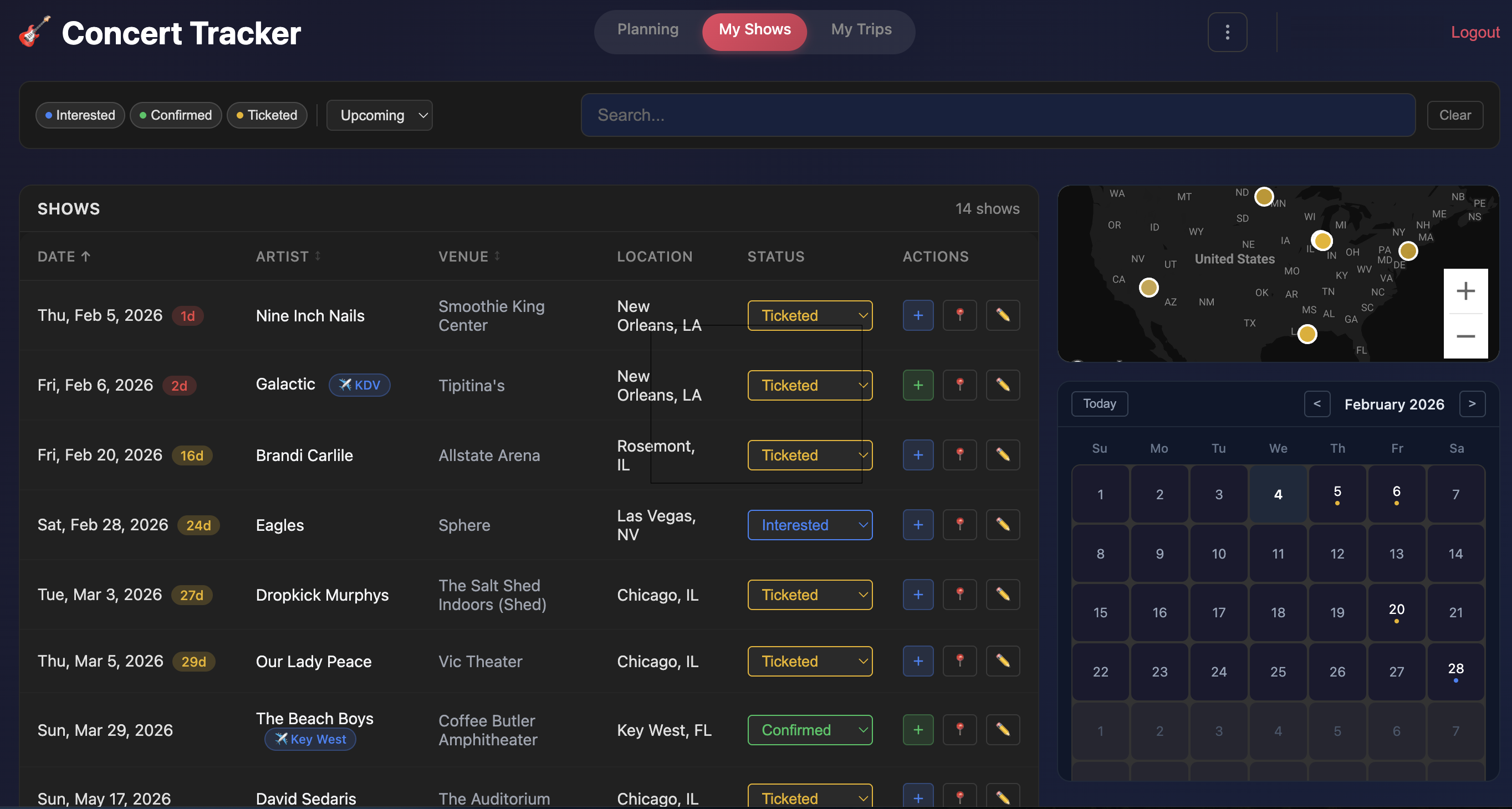 Concert Tracker Gen 1 — vanilla JS table-based UI