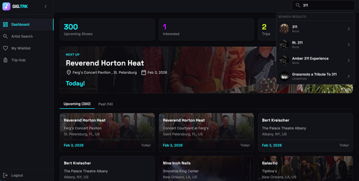 Concert Tracker Gen 2 — React dashboard with artist images
