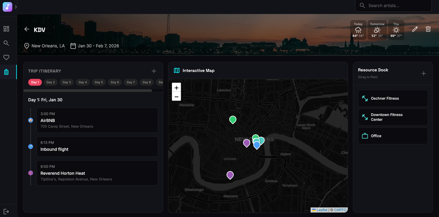 Trip Hub — itinerary timeline, interactive map, and resource dock