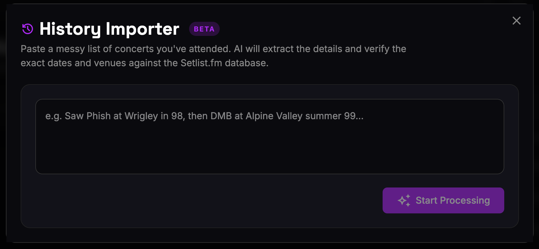 History Importer modal — a single text area with no required fields or format instructions