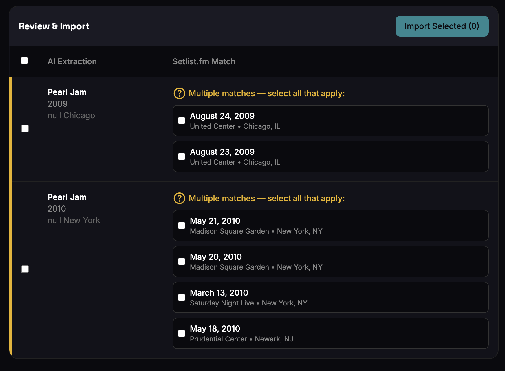 Review & Import triage UI showing multiple possible show matches for the user to confirm