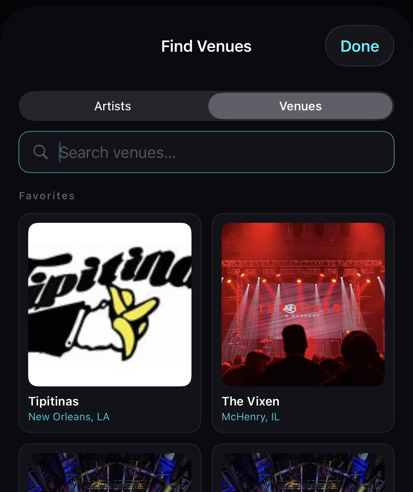 Find Venues sheet showing the Favorites grid with Tipitina&rsquo;s and The Vixen