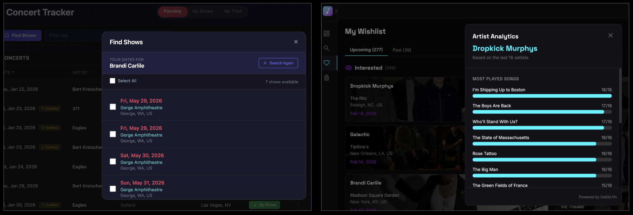 Concert tracker in production showing Brandi Carlile tour dates and Dropkick Murphys setlist analytics