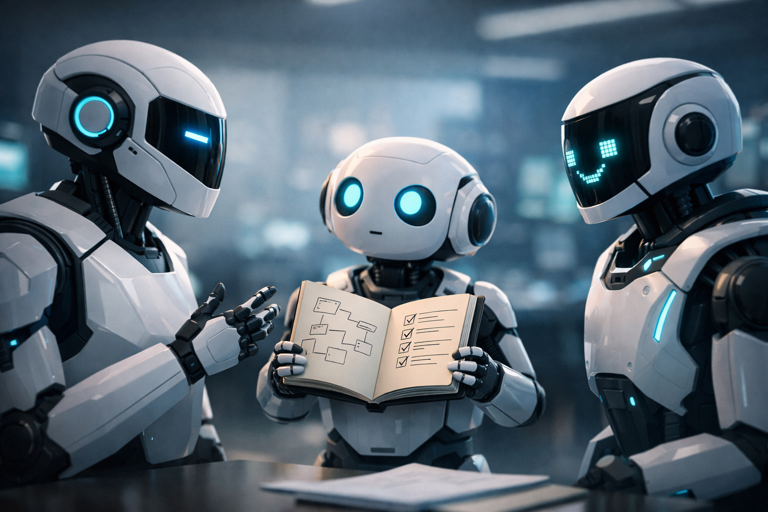 Three robots reviewing a notebook together