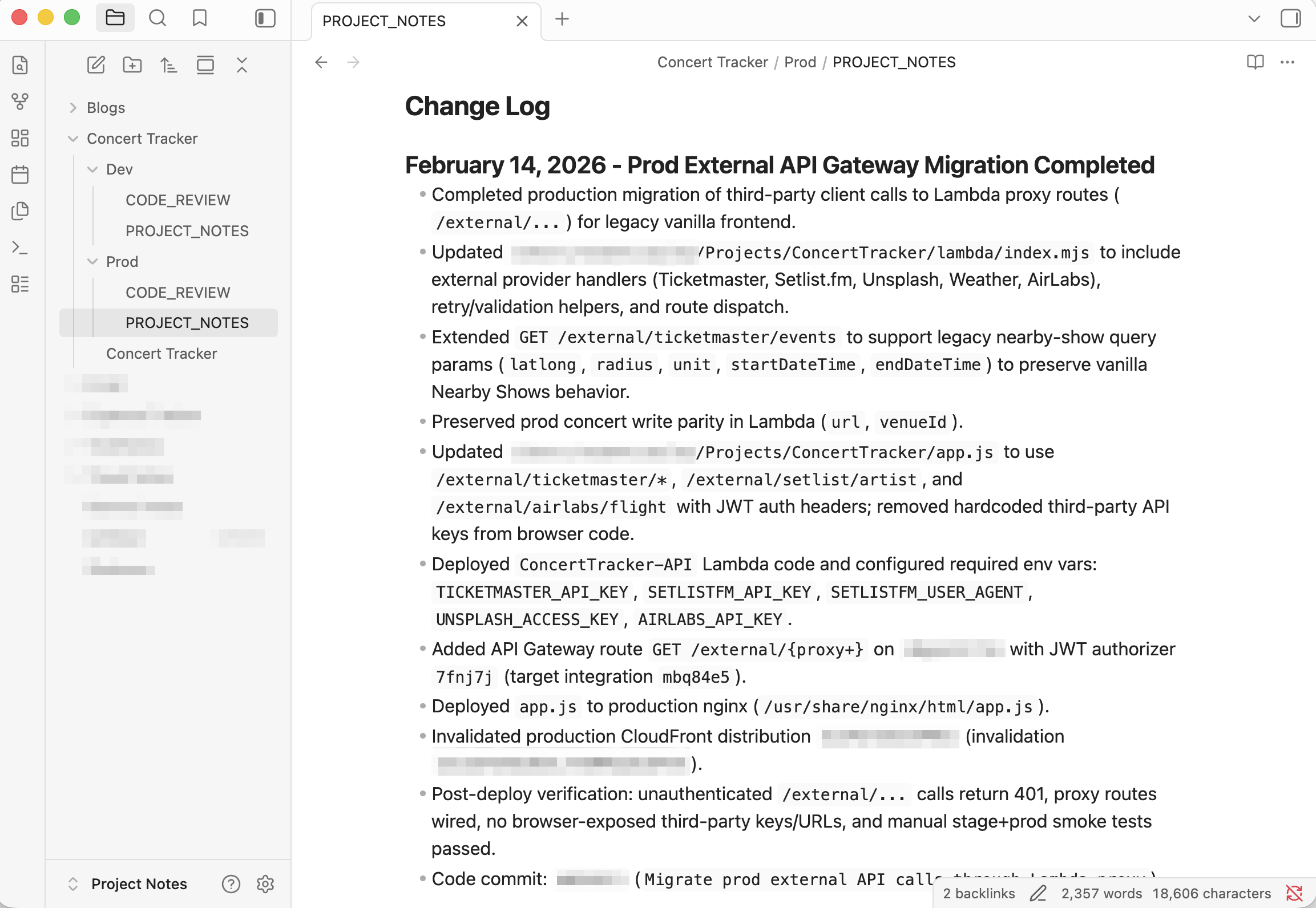 Prod Change Log in Obsidian after the migration