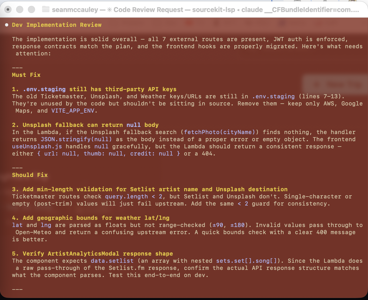 Side-by-side plan review and code review showing Must Fix and Should Fix categorization