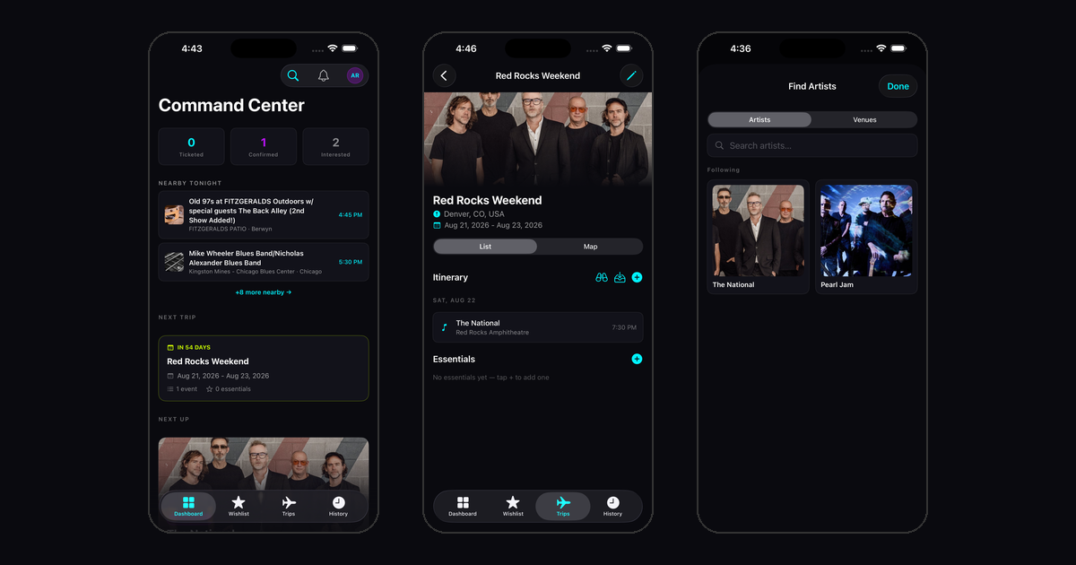 Three iPhone screens of the TicketTrek app: the dashboard, a Red Rocks trip itinerary, and followed artists