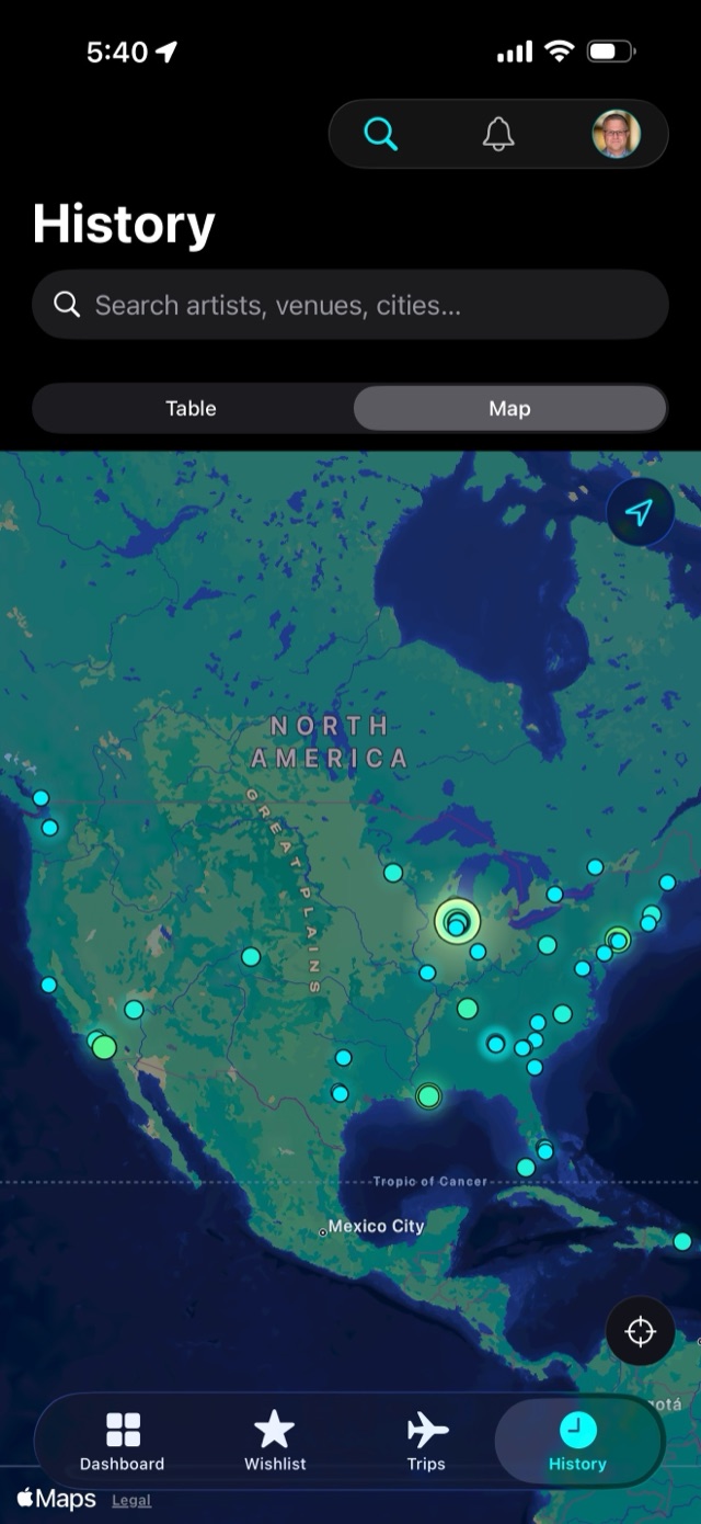 TicketTrek history map view with a pin on every venue attended across North America