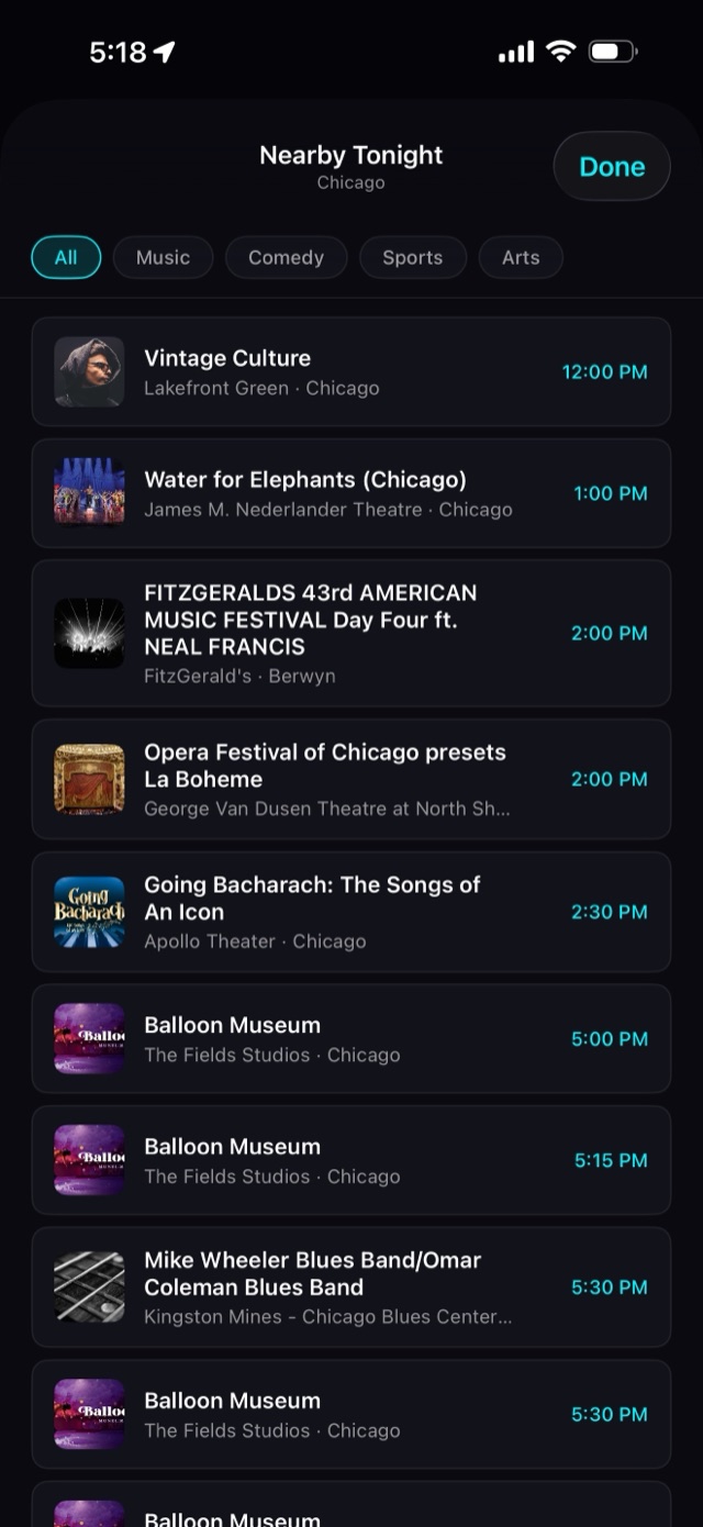 TicketTrek Nearby Tonight list for Chicago showing music, theater, opera, and blues events