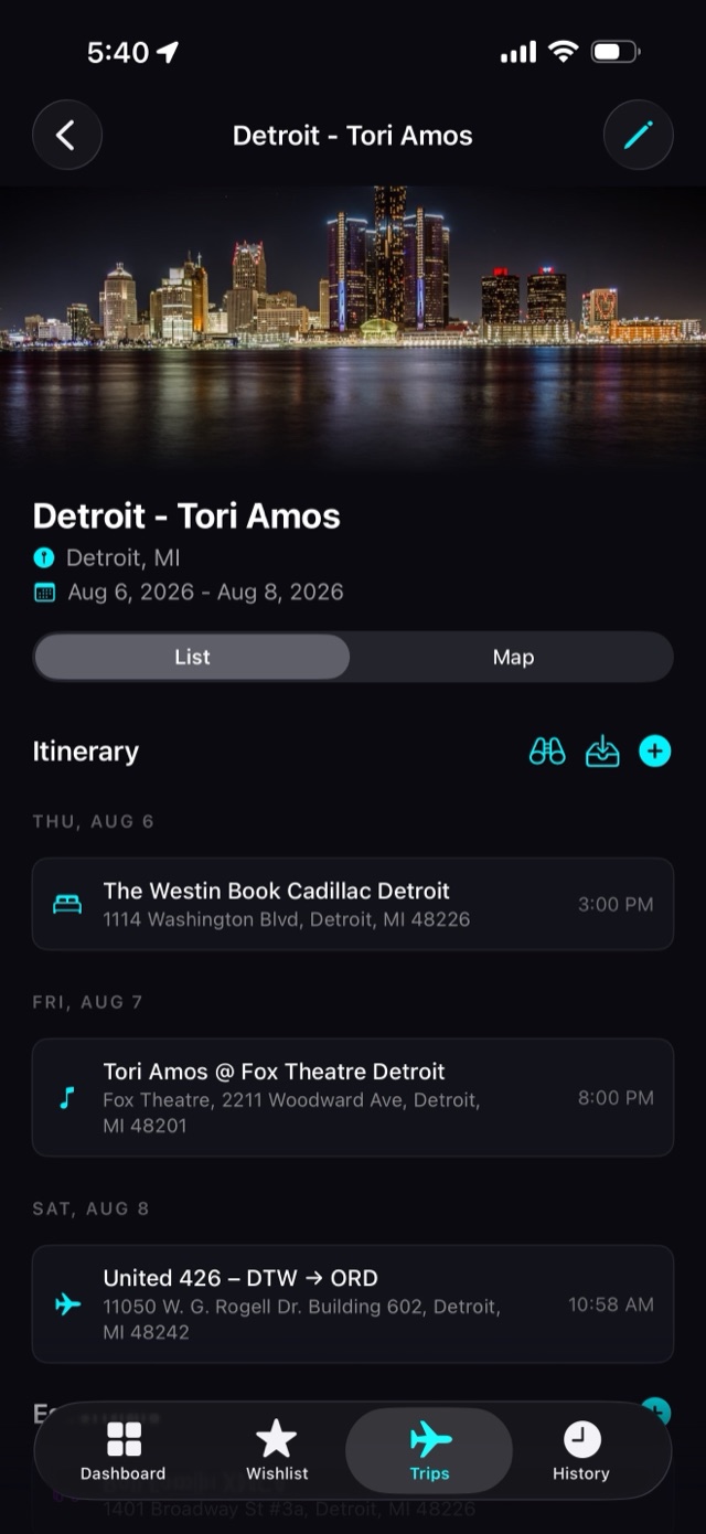 A Detroit trip in TicketTrek anchored on Tori Amos at the Fox Theatre, with the hotel and flight home on the itinerary