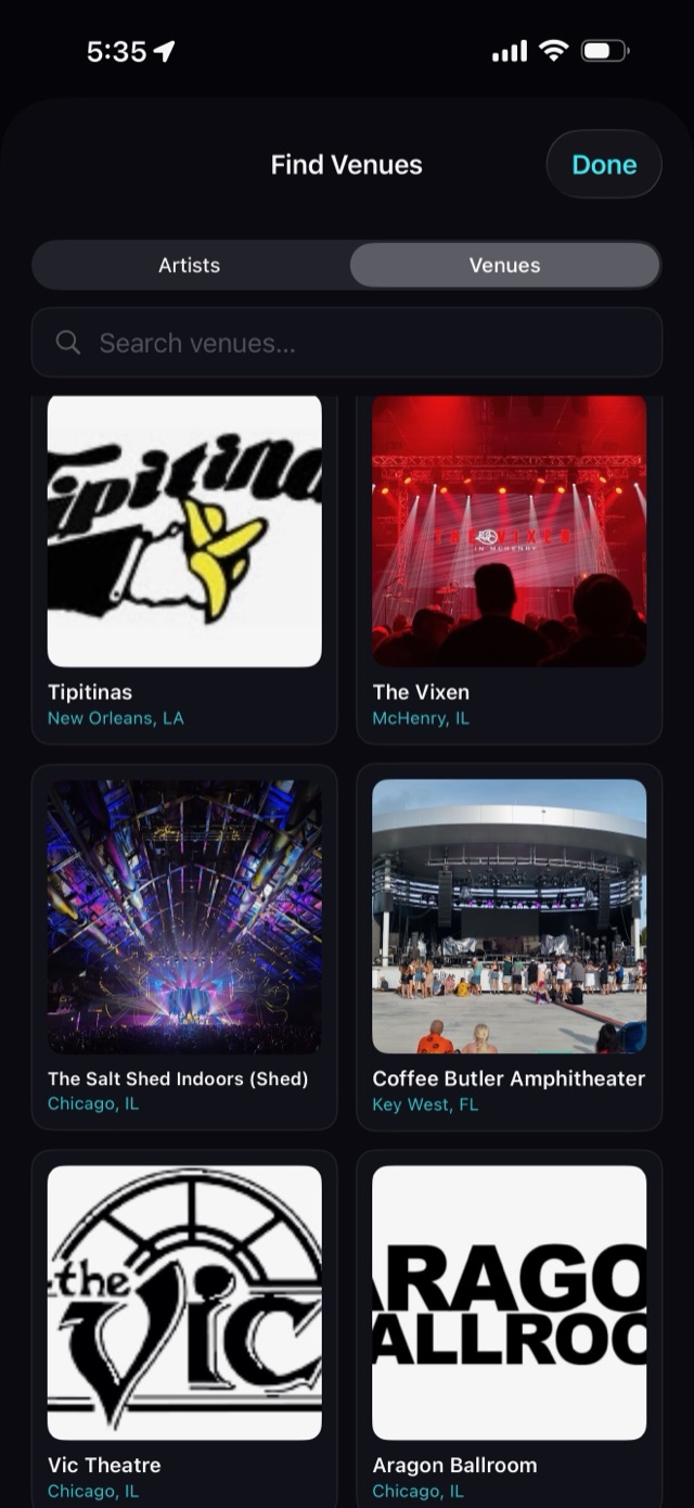 TicketTrek Find Venues screen with followed venues including Tipitina's and the Salt Shed
