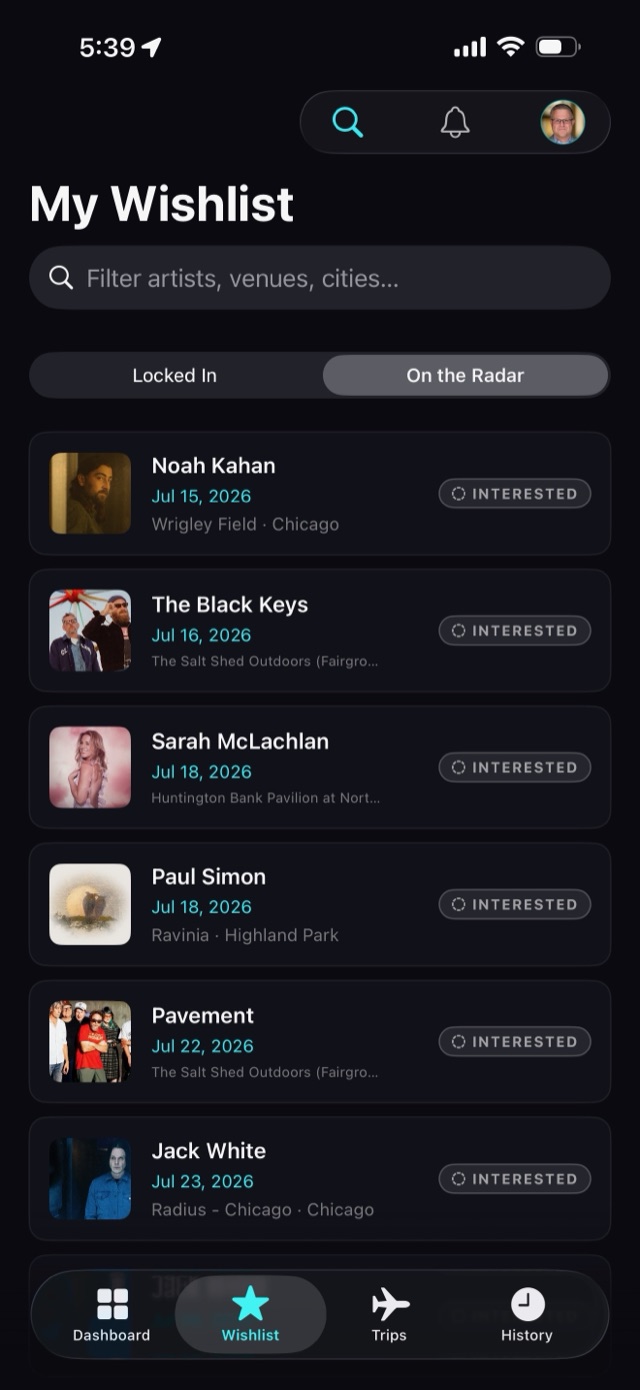 TicketTrek wishlist showing On the Radar shows including Noah Kahan, Paul Simon, and Jack White